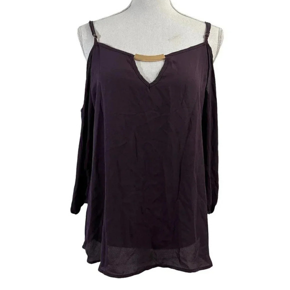 Purple Meraki Blouse Semi Sheer Metal Gold Hardware Cutout Cold Shoulder Flowy - Picture 1 of 6